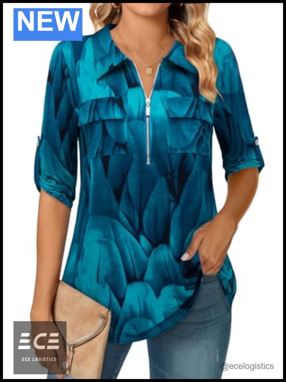 Women's 3/4 Sleeve Collared V Neck Zip Front Business Casual Tunic Blouse